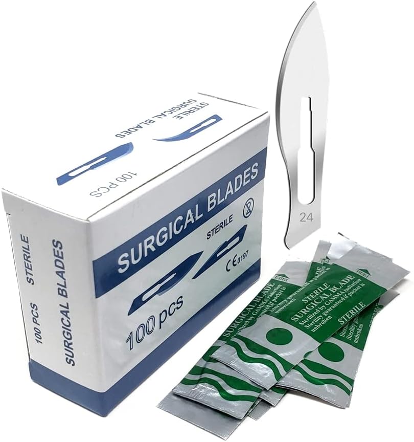 Box of 100 Scalpel Sterile Blades Carbon Steel Individually Foil Wrapped (Blade #24)