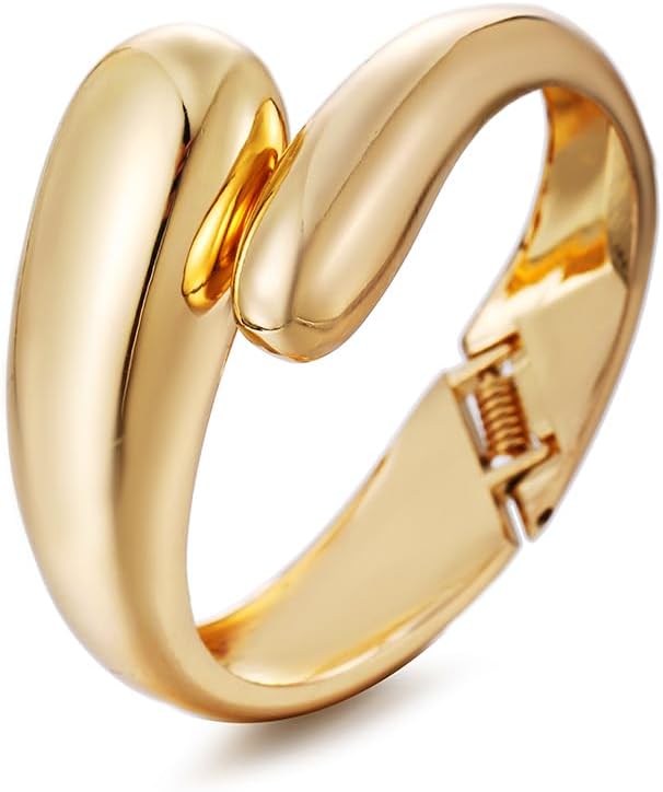 Gold Polished Chunky Twisted Hinged Waterdrop Bangle Bracelet for Women Spiraled Oval Bangle Bracelet