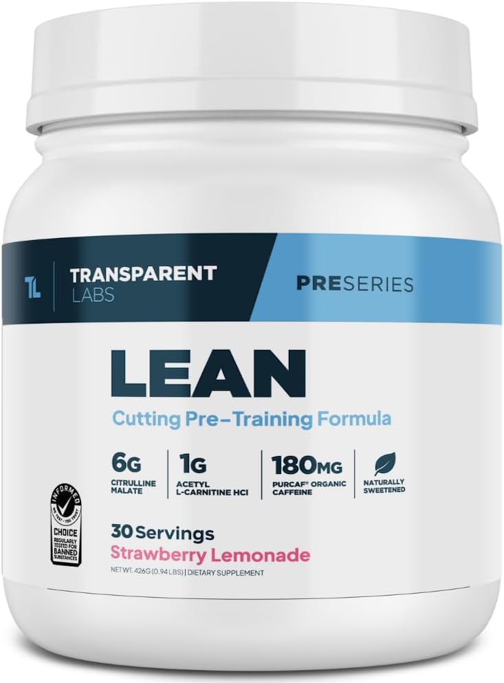 Transparent Labs Lean Pre-Workout - Body Recomposition Pre Workout for Men and Women with Acetyl L-Carnitine, Beta Alanine Powder, & PurCaf Organic Caffeine Powder - 30 Servings, Strawberry Lemonade