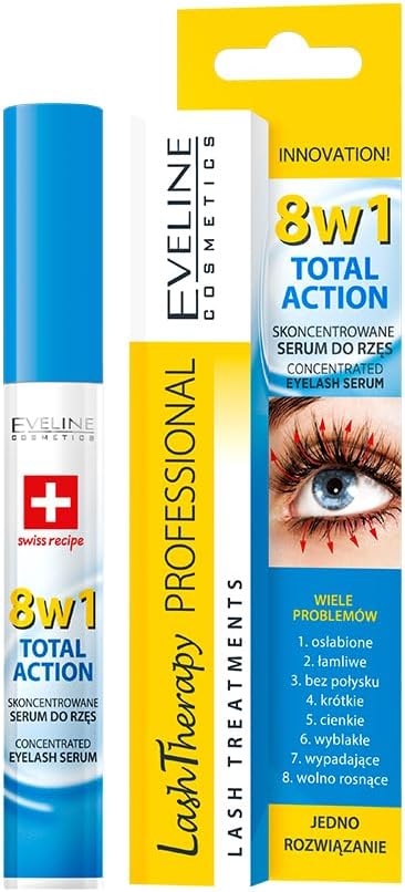 Eveline Cosmetics Lash Therapy Professional Total Action 8-in-1 Concentrated Eyelash Serum with Argan Oil, D-Panthenol & Hyaluronic Acid - Nourishing & Strengthening Formula for Thicker, Fuller Lashes