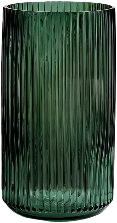 Premium Thickened Green Glass Vase, Ribbed, Rustic Home Decor, Green Decorative Vase, Oblong Shape, Perfect for Shelf, Table, Entryway, Housewarming Party, 9.5 x 9.5 x 19.5 cm, 540g