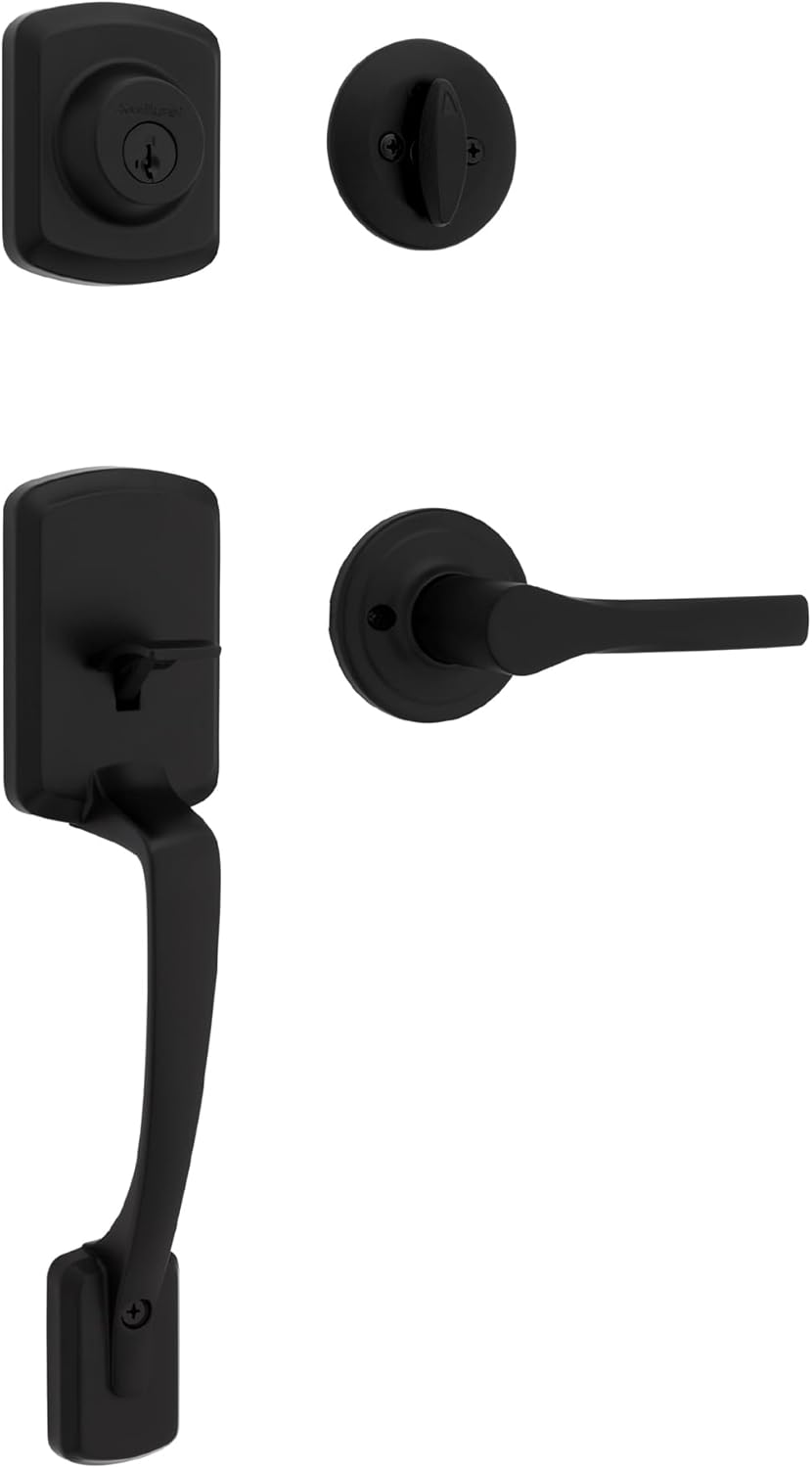 Kwikset Henley Front Entry Door Handleset and Deadbolt with Interior Reversible Lever, Featuring SmartKey Re-Key Security Technology with Microban Protection in Matte Black