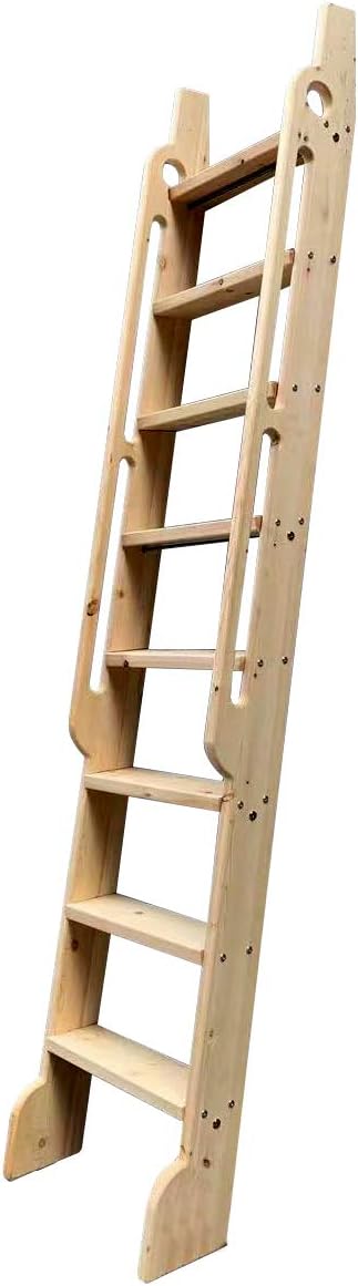 DIYHD 87" Unfinished Rolling Library Wooden Step Ladder with Glab Handle,No Sliding Hardware