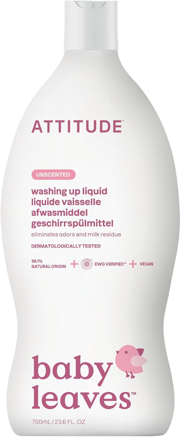 ATTITUDE Baby Washing up Liquid, EWG Verified, No Added Dyes or Fragrances, Tough on Milk Residue and Grease, Vegan, Unscented, 700 mL