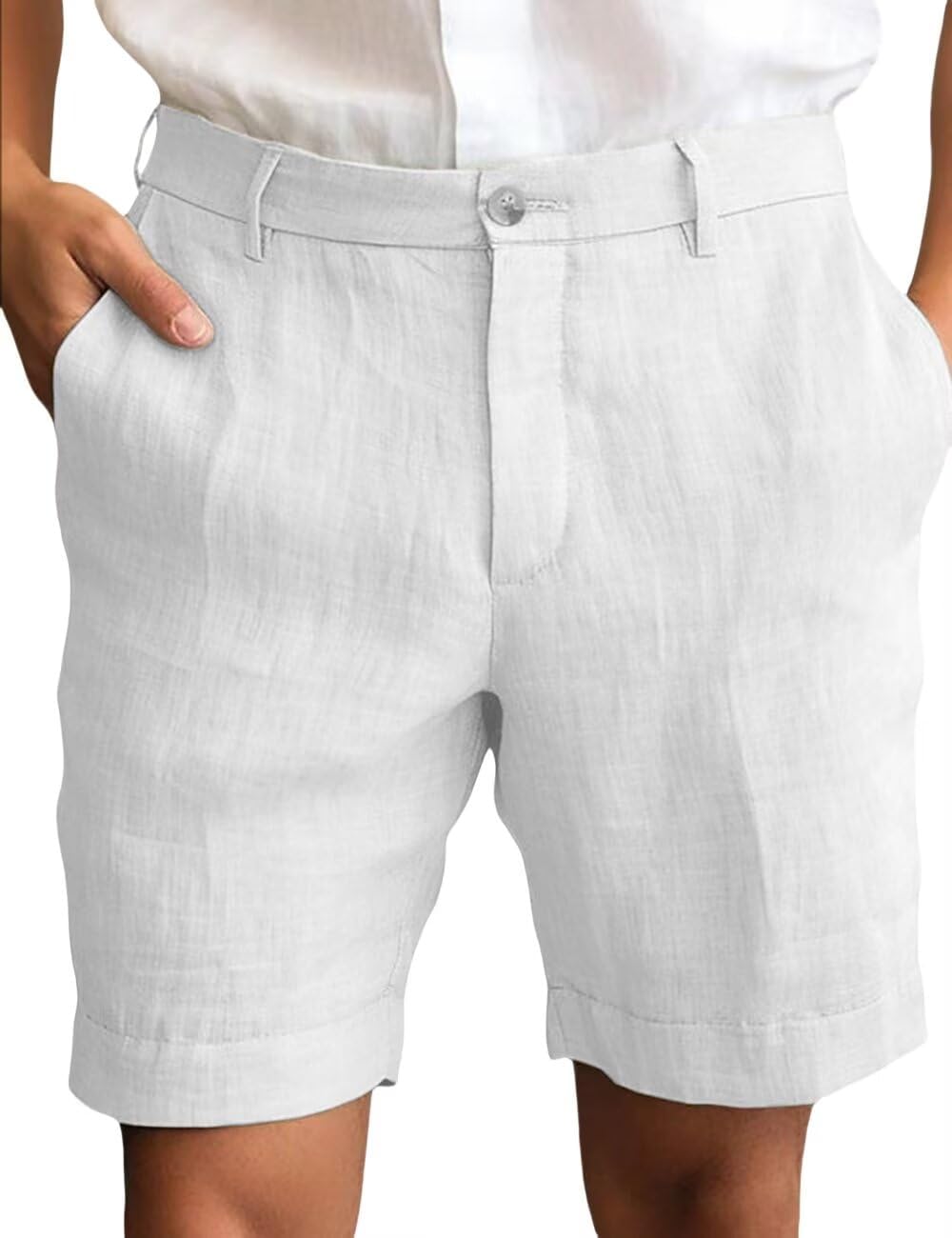 Men's Shorts Cotton Linen Flat-Front Casual Dress Shorts Summer Plain Lightweight Outdoor Pant with Pockets