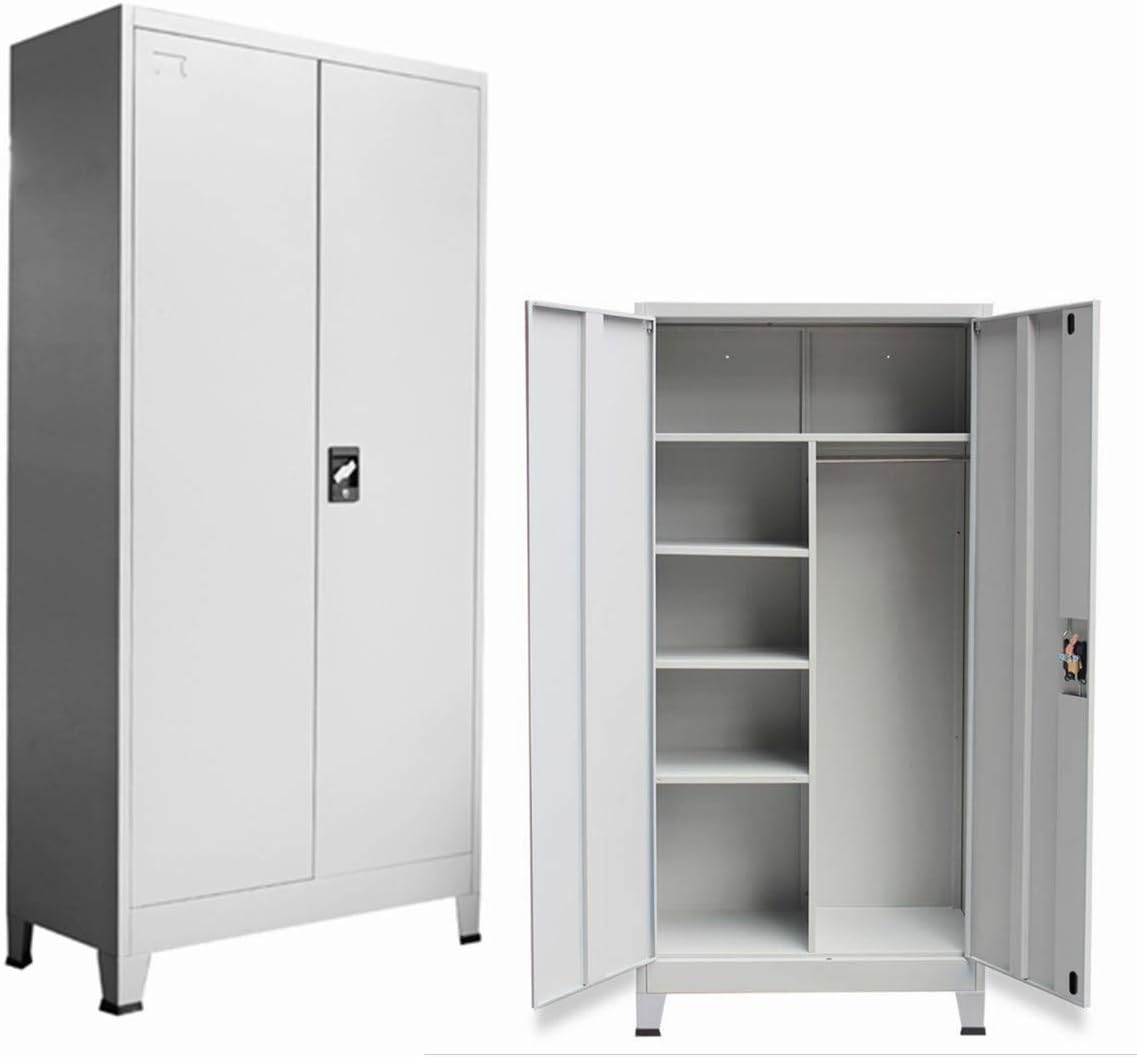 Panana Office A4 Filing Cabinet 2 Doors Metal Document File Compartments Lockable Storage Shelf Cupboard Unit Light Grey, 180x90x40 cm