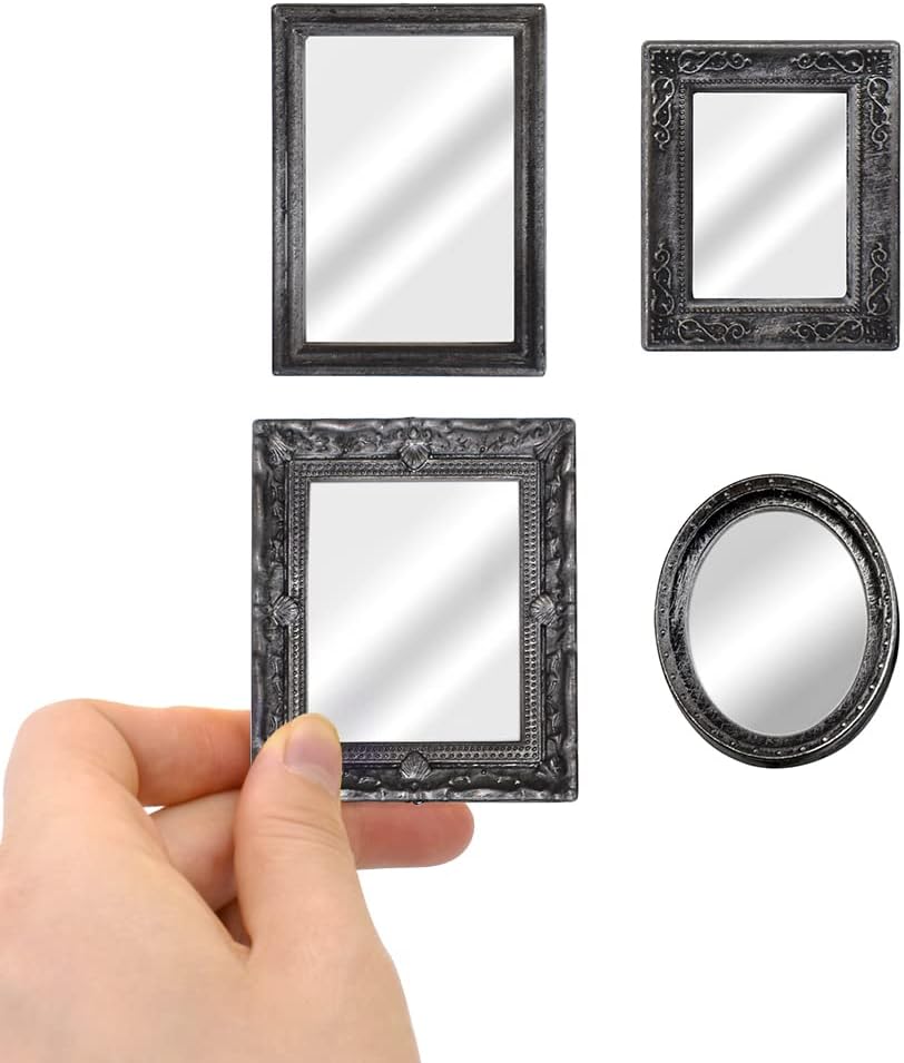 iLAND Mini Mirrors, Dollhouse Accessories on 1:12 Scale, Framed Glass Miniature Mirror (Dark Silver 4pcs)