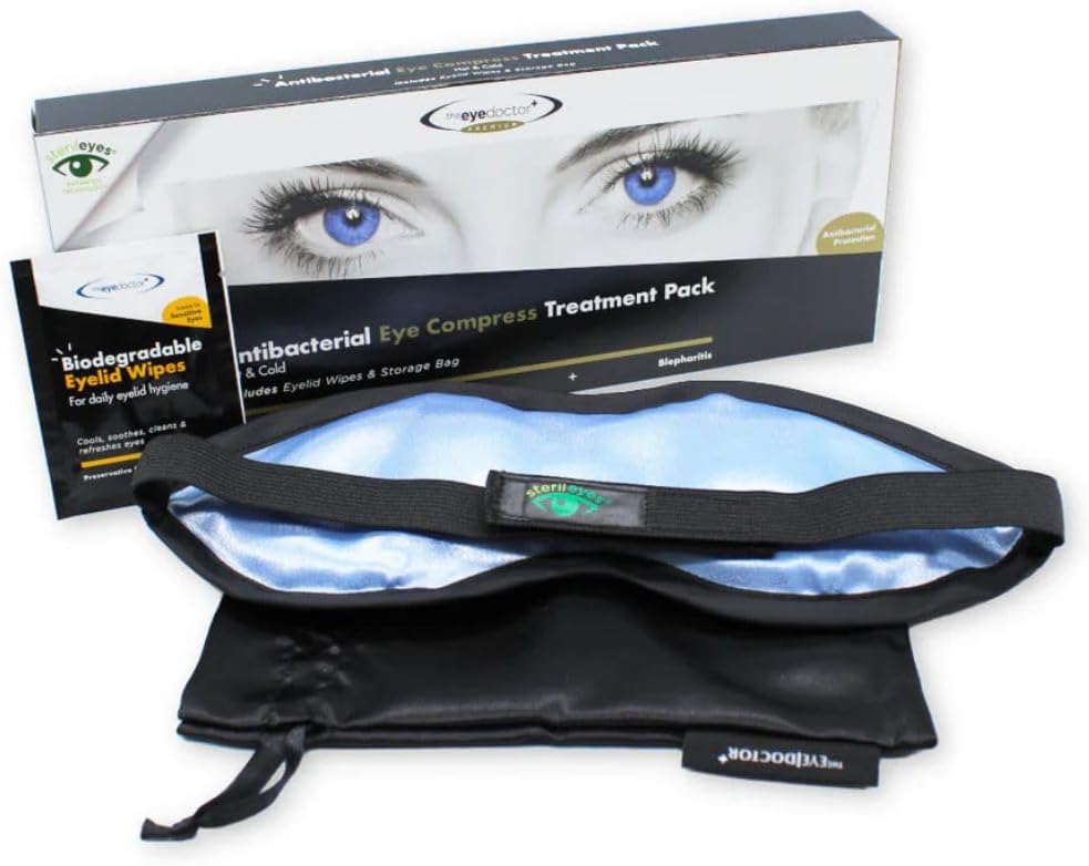 The Eye Doctor Featuring Sterileyes - Antibacterial Hot Eye Compress for Dry Eye, Blepharitis and MGD with a Removable Cover. Can Also be Used as a Cold Compress Includes 6 Eyelid Wipes