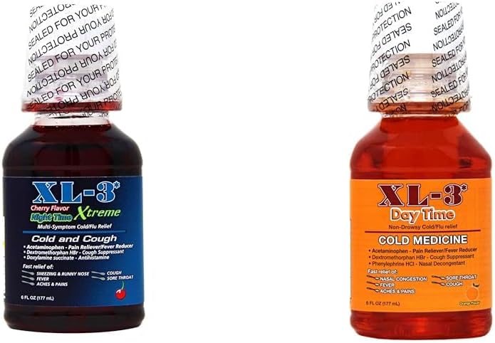 XL-3 Night Time and Day Time Cold, Flu and Cough Relief Bundle, Temporarily Relieves Symptoms, Includes (2) 6 FL Oz Bottles