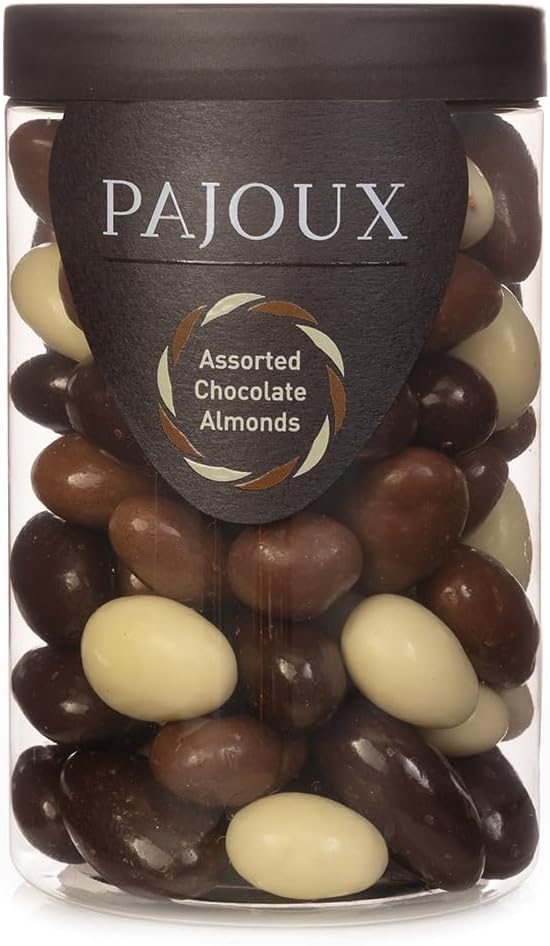 Pajoux Assorted Chocolate Almonds (Large) 280g | Dark and White Chocolate Covered Almonds - Chocolate Coated Nuts - Whole Almond Nuts - Chocolate Gift - Palm Oil Free - Chocolate in a Gift Jar