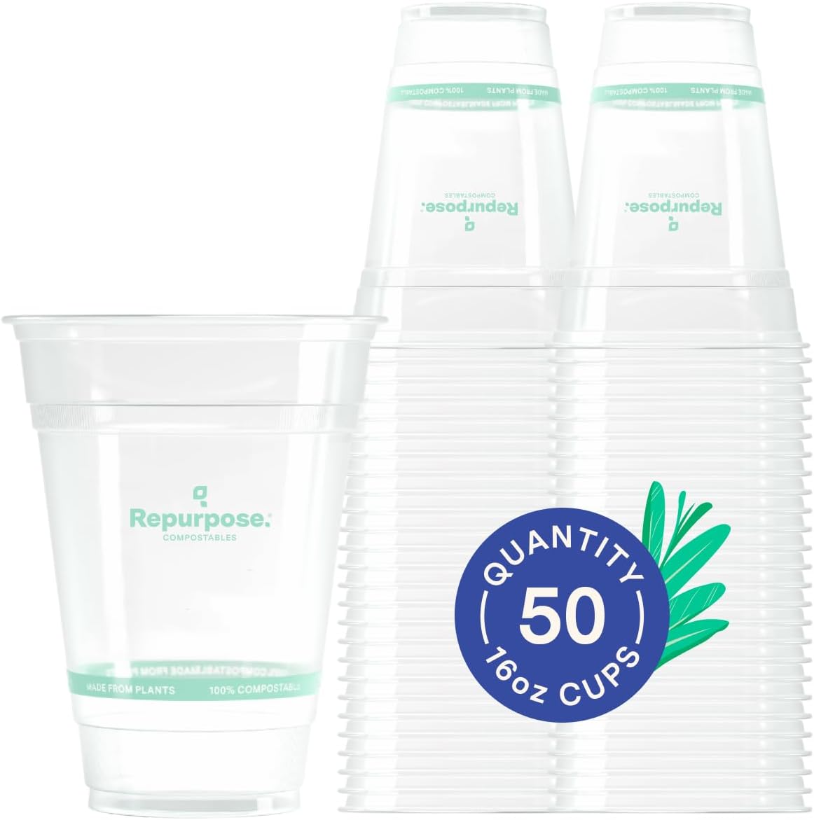 Repurpose 100% Compostable Plant-Based Clear Cold Cups, 16oz, 50 Count, BPA Free, No PFAS Added, FDA Non-Toxic, Certified BioBased