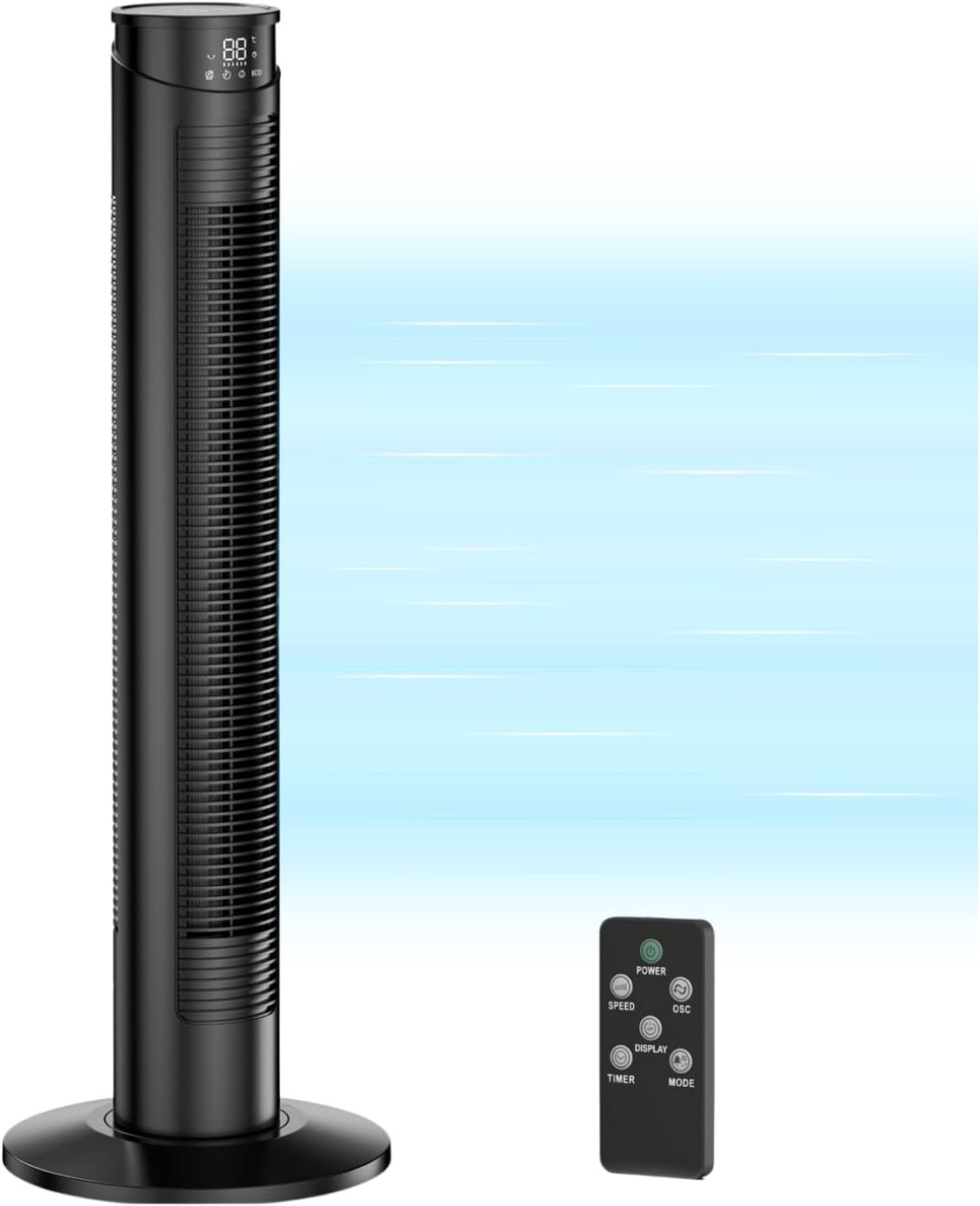 Tower Fan with Remote Control - Quiet Bedroom Fans & Cooling, 70° Oscillation, Bladeless Design,6 Speeds 5 Modes (Eco/Natural/Sleep/Soft/Normal), Cooling Speed ​​8m/s ,1-12 Hour Timer, LED Display