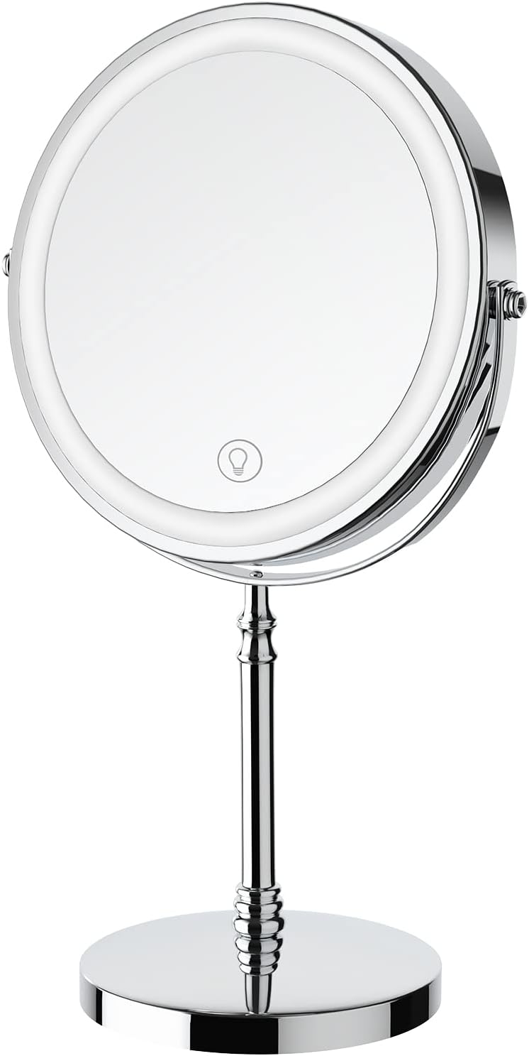 Lighted Makeup Mirror, 3000 mAh Rechargeable Double Sided Magnifying Mirror with 3 Colors, 1x/10x 360° Rotation Vanity Mirror, Brightness Adjustable Magnification Cosmetic Light up Mirror, Women Gift