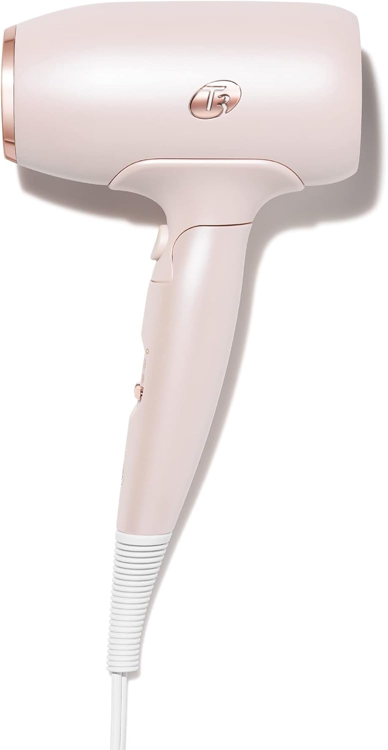 T3 Afar Lightweight Travel-Size Hair Dryer with Auto Dual Voltage, Folding Handle and Storage Bag, Fast Drying, Lightweight and Ergonomic, Frizz Smoothing, Multiple Heat and Speed Combinations