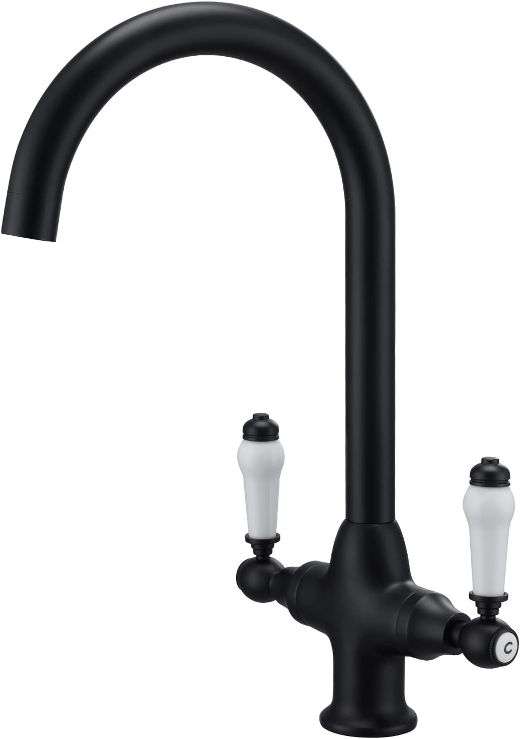 Kitchen Mixer Tap Sink Faucet with White Ceramic Dual Lever, Matte Black Traditional Kitchen Sink Tap Victorian Style 360 Swivel Spout, Swan Neck Monobloc Bar Vintage Taps with Flexible Hoses