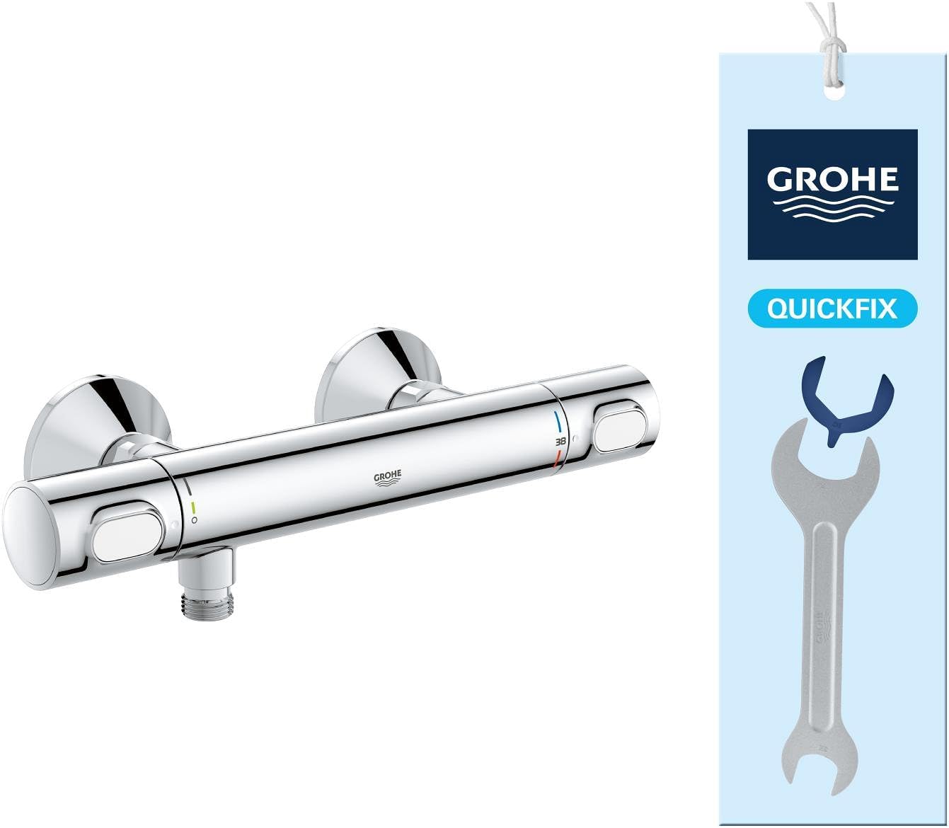 GROHE Precision Flow - Wall Mounted Thermostatic Shower Mixer (Safety Button at 38°C, Temperature Limiter at 43°C Included, Eco Technology to Reduce Water and Energy Consumption), Chrome, 34840000