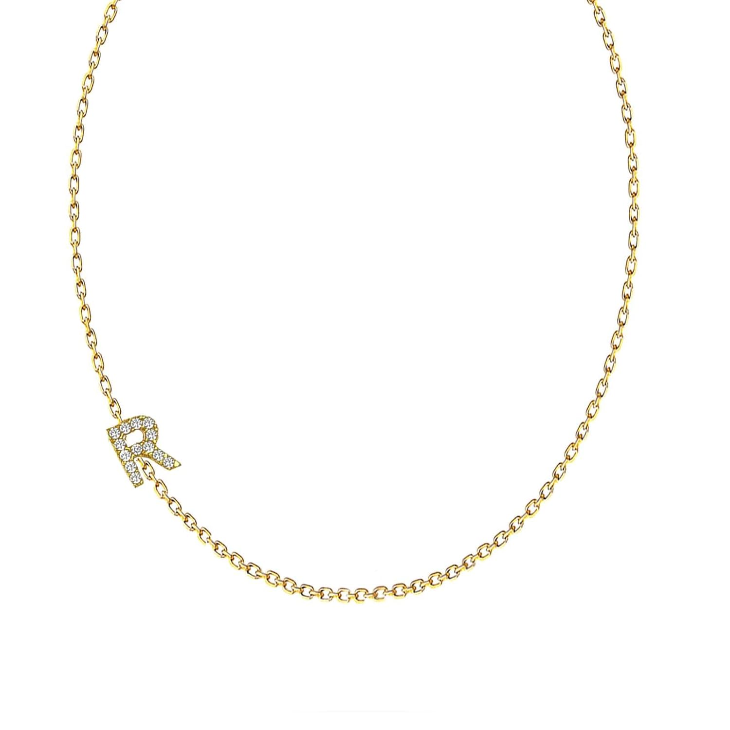 Personalized 14k Gold Sideways Diamond Initial Necklace - Custom Pave Diamond Letter Charm - Ideal Gift for Her, Christmas, Mother's Day - Elegant Gold Jewelry