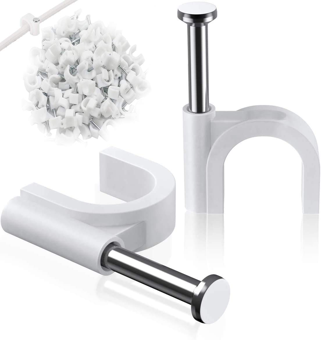 Round Cable Clips, 8mm Electrical Cable Wall Clip - Nail Clips Cable Management, 100Pcs Steel Nails Tacks Holder for Organizing Electric Wires Cables Line TV (White)