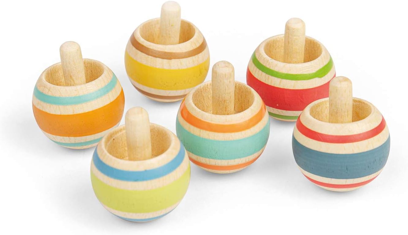 Bigjigs Toys Spinning Tops - 6pcs Wooden Spinner Set, Retro Pocket Money Gifts For Girls & Boys, Classic Kids Party Bag Fillers, Age 3 Years Old +