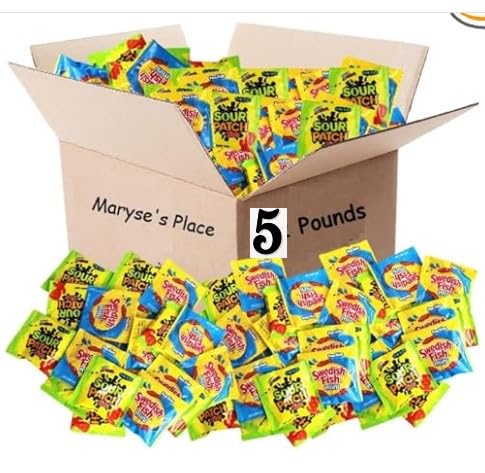 Christmas Bulk Candy Of 5 lb of Sours Patch For Kids And Swedish Fish Mini Soft And Chewy Candy Variety Snack Bulk Order. Individually Wrapped Fun Size Pouches, 0.5 Ounce, Huge 200 Ct. Christmas Candy