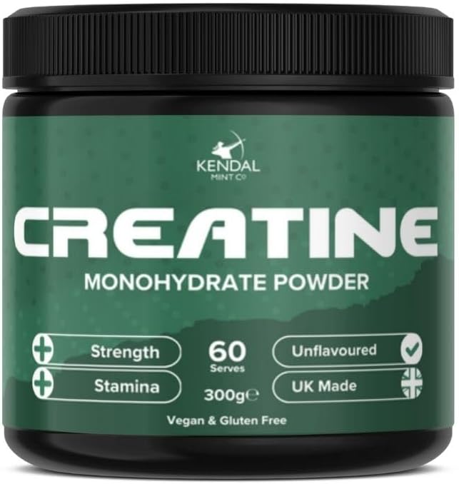 KMC Creatine Monohydrate Powder, 100% Pure UK Made, 300g, 60 Servings, 5g serving, Unflavoured, Easy Mix, Vegan Gluten Free -Supplement for performance, strength workouts & cognition by Kendal Mint Co