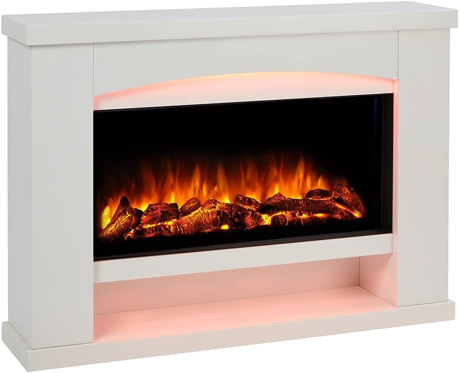 Endeavour Fires Duggleby 48" Electric Fireplace Suite with Realistic Flame & Log Effect Fire, 13-Colour LED Lighting, Remote Control, Off-White Surround & Hearth