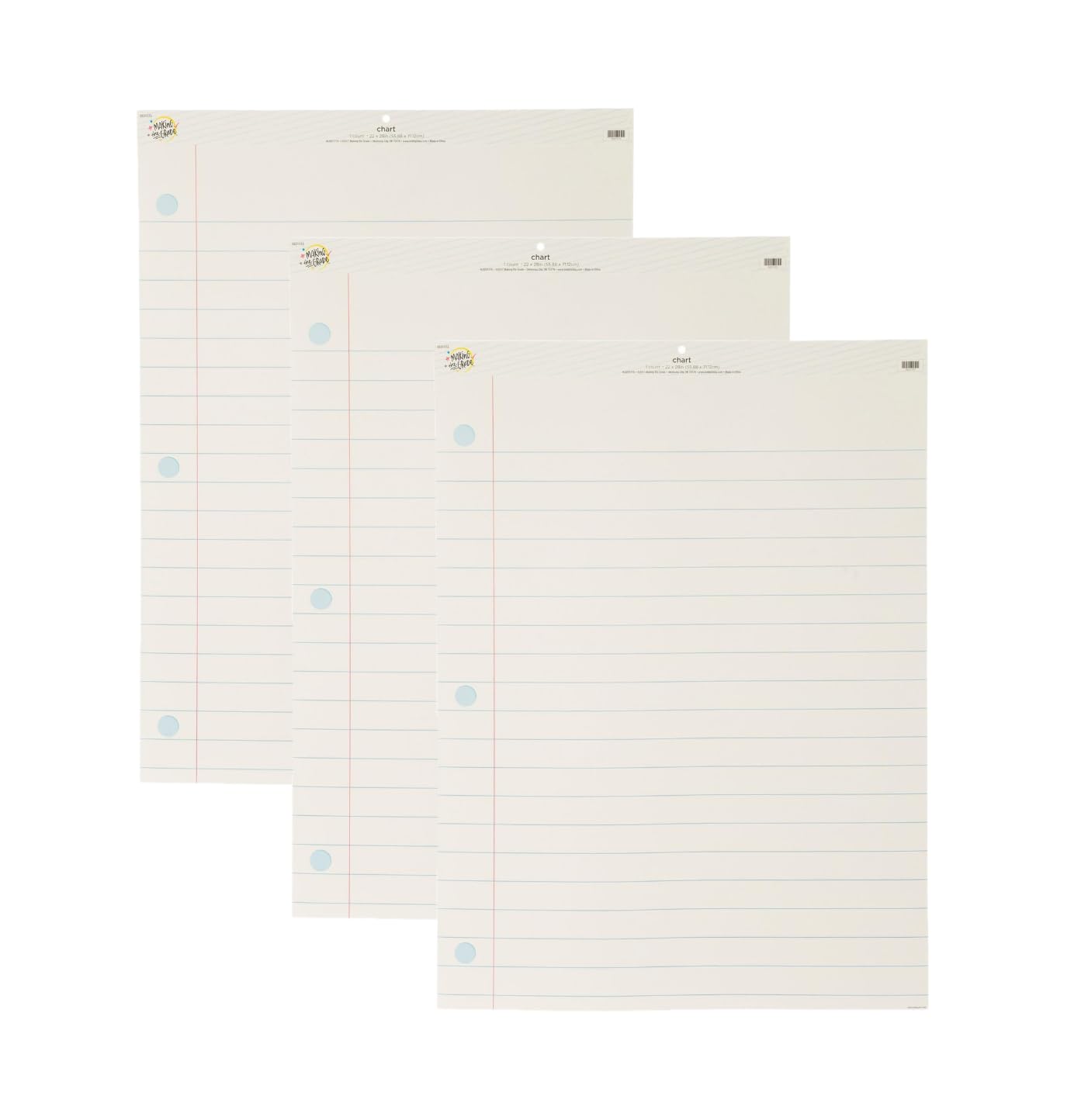 Hobby Lobby Notebook Paper Chart, White with Blue Lines, 28 x 22 inches, Set of 3