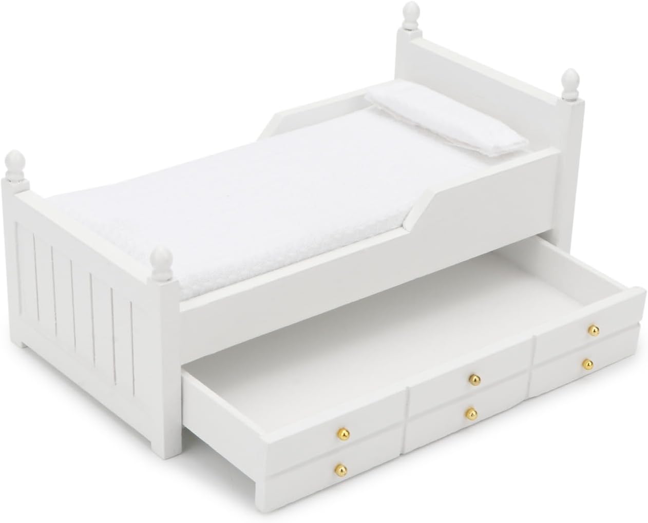 Dollhouse Miniature Bed with Drawer 1:12 Wooden Furniture European Bedroom Bedding Furniture Accessories with Pillow & Mattresses Vintage Floral Fabric Mini House Decoration