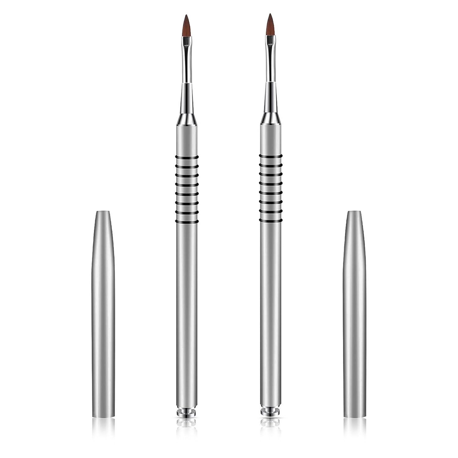 2 Pack 3D Nail Art Brush for Acrylic, Kolinsky Acrylic Nail Brushes Set, Nail Lining Brush Nail Salon Painting Brush Pen with Non-Slip Handle, Silver Metal Nail Art Pen (Size #2)