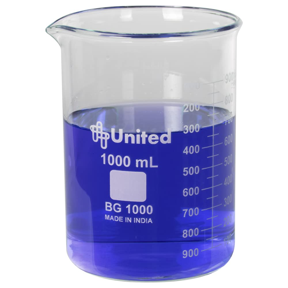 United Scientific™ 1000mL (1L) Borosilicate Glass Lab Beaker, Low Form Griffin, Double Scale Graduation, 1 Each