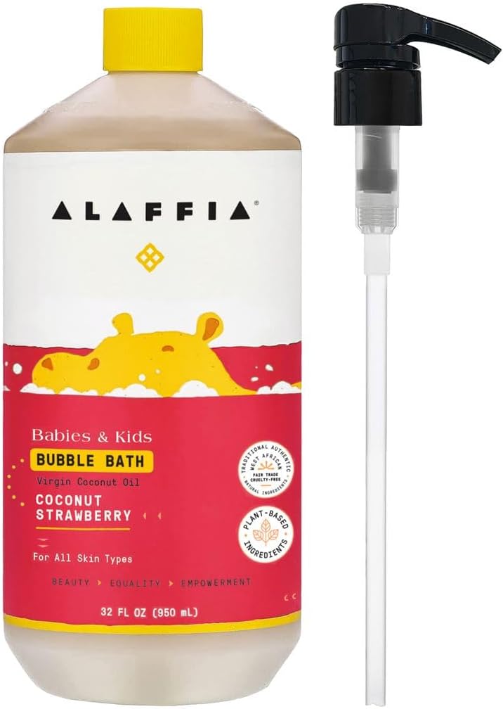 Alaffia Babies & Kids Bubble Bath, Coconut Strawberry, Pump Included – Gentle Cleanser with Raw Shea Butter and Hibiscus, 32 Fl Oz