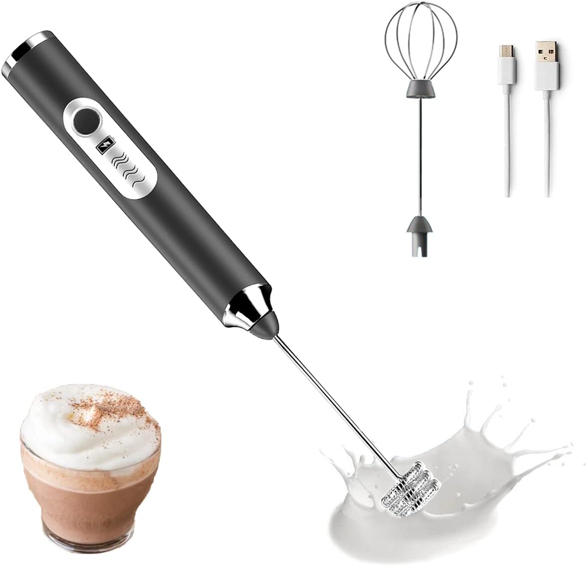 ZephyrCook Milk Frother Coffee Milk Frother USB Rechargeable Handheld Milk Frother 1 Milk Frother 1 Whisk for Cappuccino, Hot Chocolate, Coffee, Latte