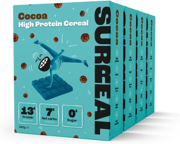 Surreal Cocoa - High Protein Cereal - Zero Sugar- Healthy Plant Based Cereal - High in Fibre - Low Carb - Gluten Free - Vegan - 13g of Protein, 0g of Sugar - 240g per Box - 4 Pack (4 x Cocoa)