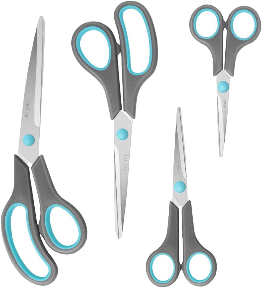 Scissors Set of 4, Premium Stainless Steel Razor Blades, Ergonomic Semi-Soft Rubber Grip, Suitable for School, Office and Family Daily Use, 9.6''/8.5''/6.4"/5.4", Blue&Gray