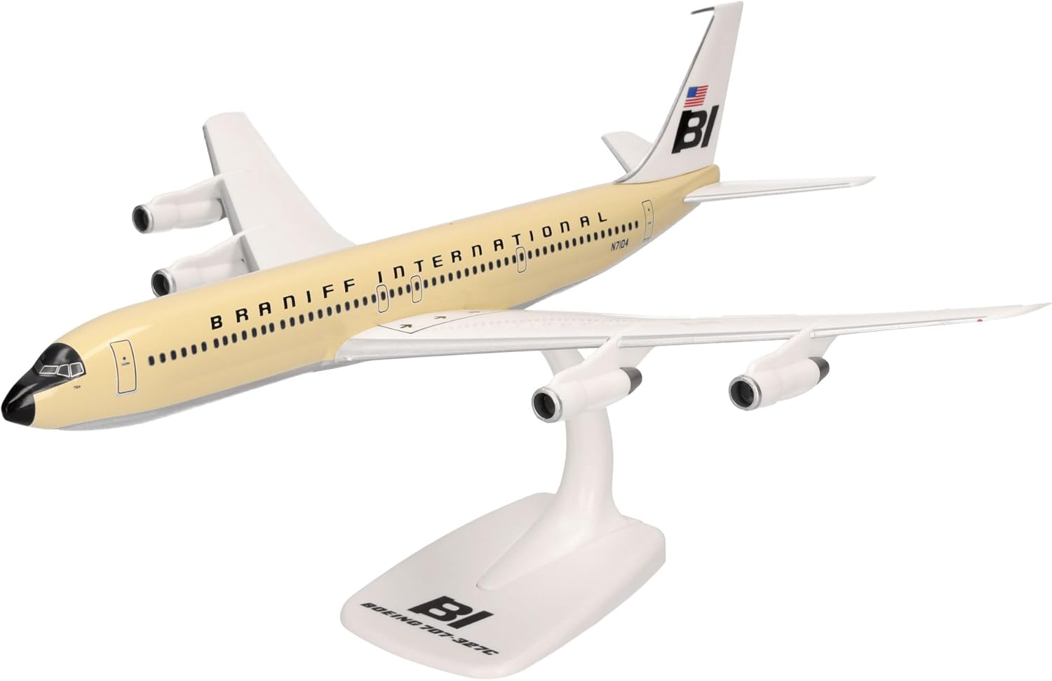 Herpa Snap-fit Airplane Model Boeing 707-300 Braniff on Scale of 1:144, Plastic Miniature with pedastal, Model Building, Collectors Edition, Colour: Solid Beige