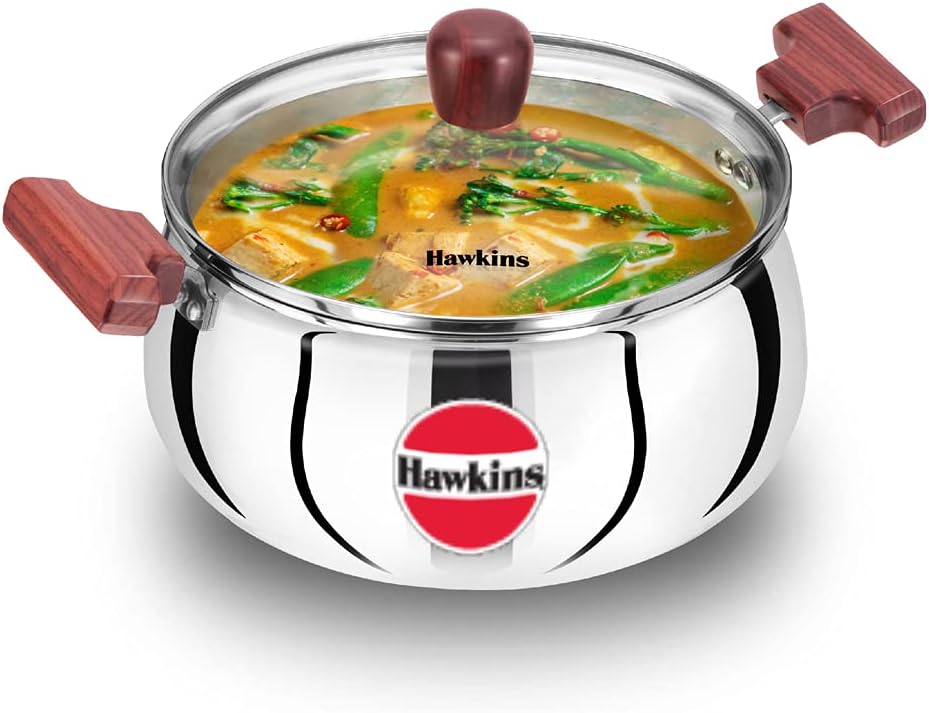 Hawkins 4 Litre Cook n Serve Handi, Triply Stainless Steel Handi with Glass Lid, Induction Sauce Pan, Biryani Handi, Saucepan, Silver (SSH40G)