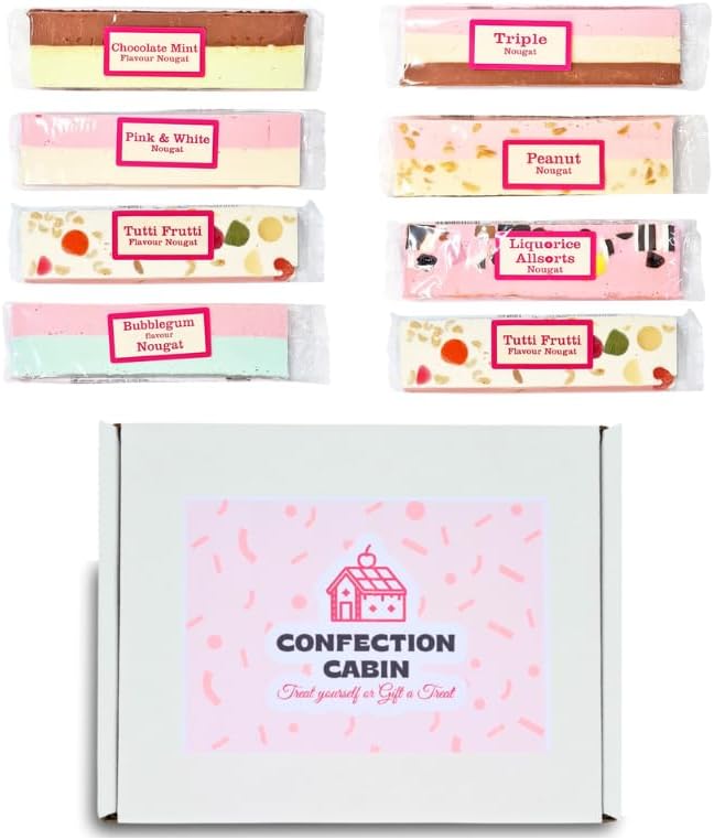 Nougat Gift Box | Selection of 8 Bars | Individually Wrapped Nougat Sweets 130 g Each | Nostalgic Gift for All Ages (8 Bars, 7 Flavours)