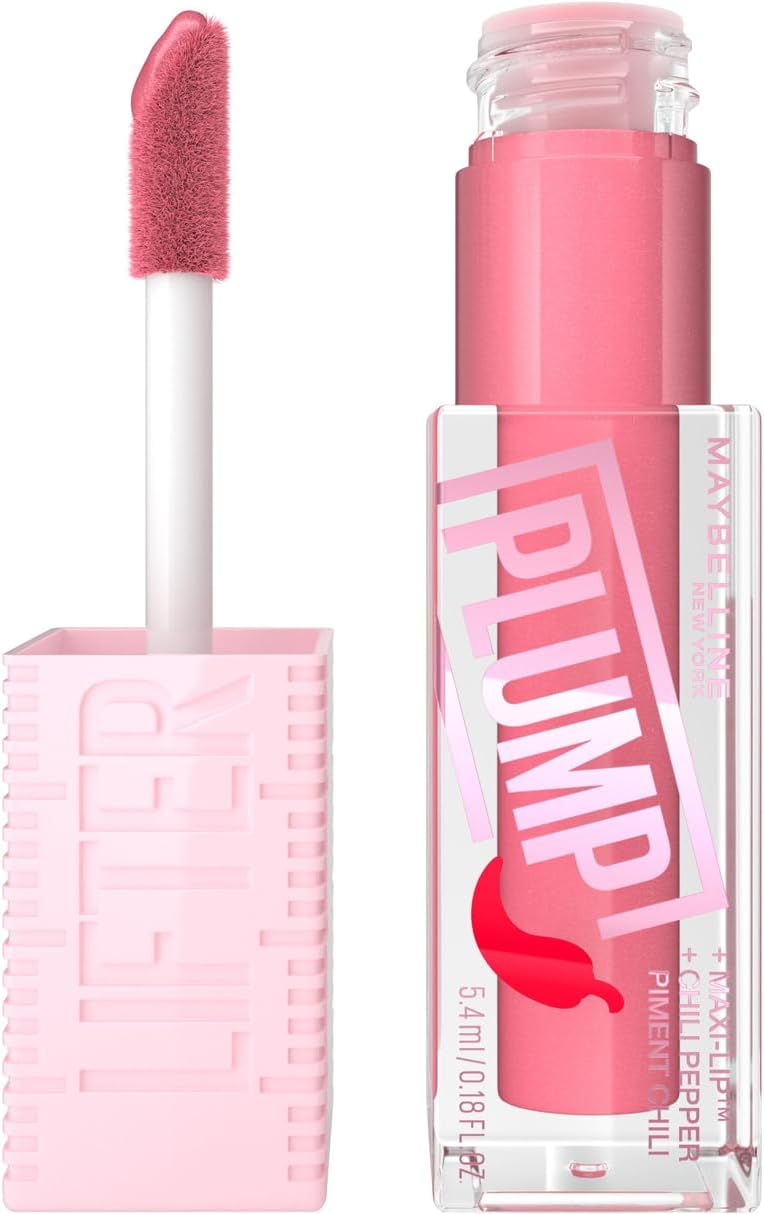 Maybelline New York, Lifter Plump Lip Gloss, Lasting Plump, Heated Formula with Hyaluronic Acid and Chilli Pepper, XL Wand, Vegan Formula, Shade: 001 Blush Blaze