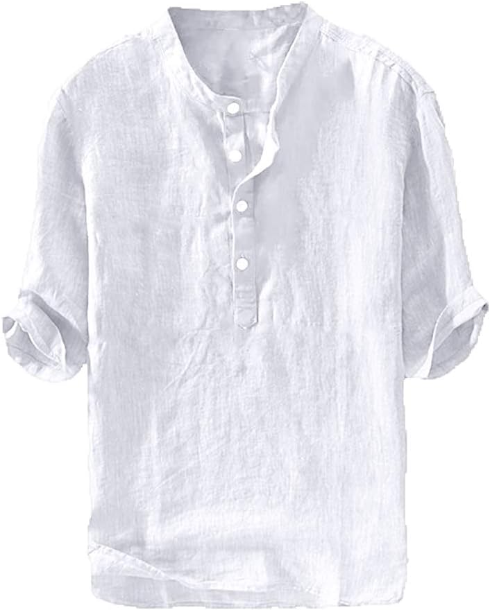 Ryannology Mens Linen Shirts Henley 3/4 Sleeve Casual Cotton T-Shirt Regular-Fit Lightweight Beach Yoga Tunic Tops