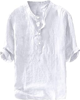 Ryannology Mens Linen Shirts Henley 3/4 Sleeve Casual Cotton T-Shirt Regular-Fit Lightweight Beach Yoga Tunic Tops