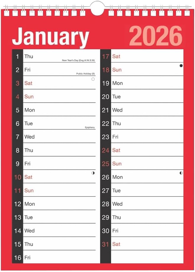 2026 Calendar A4 Large 2 Column Month To View Spiral Bound Wall Planner for Home Business Office School 1 January 2026 to 31 December 2026