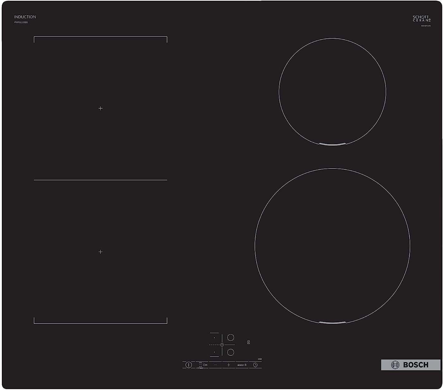 Bosch Series 4 PWP611BB5B Induction Hob with TouchSelect, CombiZone, PowerBoost and Timer Switch Off, Integrated, Black, 60cm wide