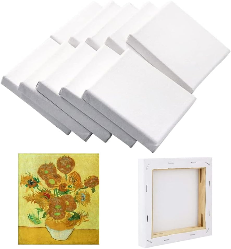 10Pack Mini Canvas Panel, 10x10cm Stretched Canvas Boards, Square Small Art Board for Oil Paint Blank 3.93