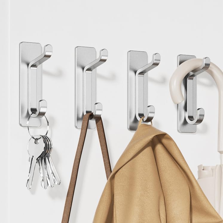 pickpiff Adhesive Towel Hooks, Extra Sticky 10LB (Max), Waterproof Metal Hook for Hanging Towels, Wreath, Purse, Hat, Cloth, Wall Mounted Hanger for Shower Bathroom Kitchen Door Heavy Duty, Silver