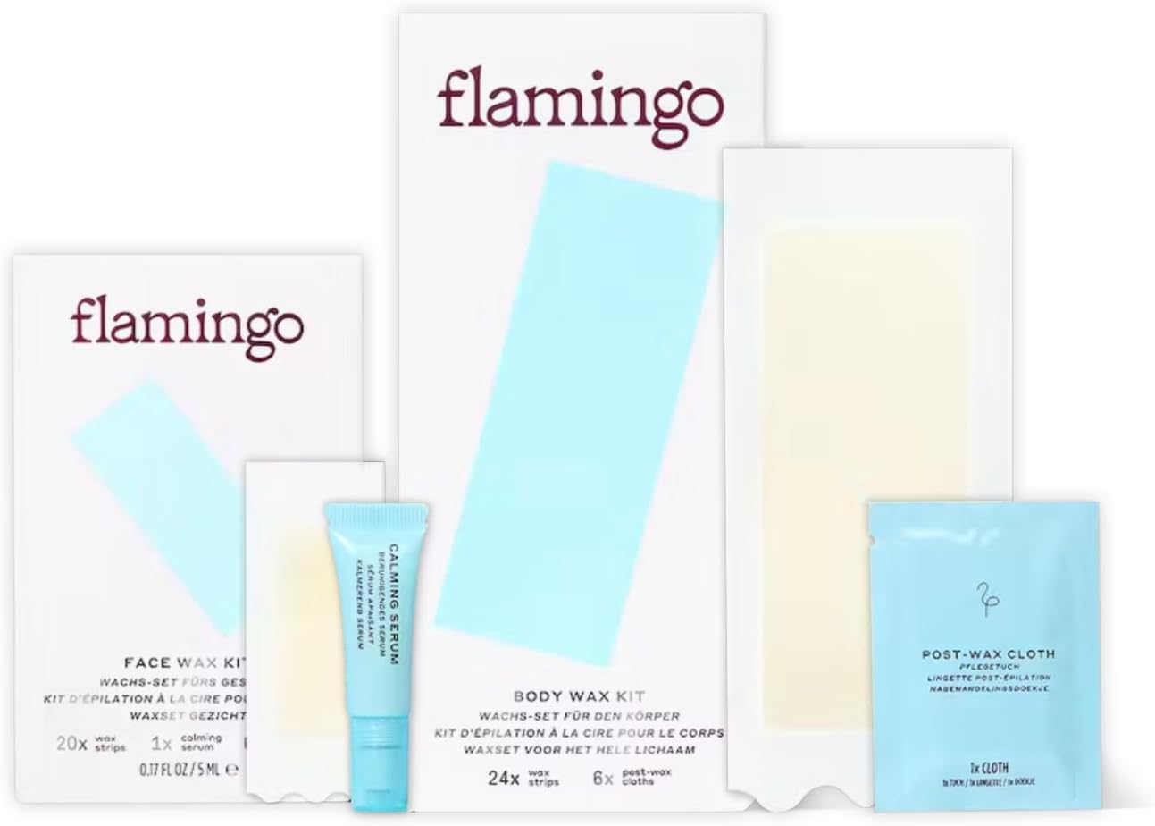 Flamingo Head to Toe Wax Kit - Women's Waxing Kit with 24 Body Wax Strips, 20 Face Wax Strips, 12 Post-Wax Cloths and 1 Calming Serums