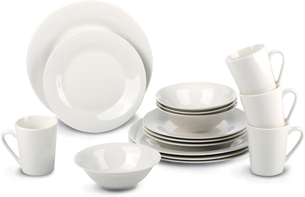 alpina Dinner Set for 4 People - Plates and Bowls Set - Earthenware Tableware - Dinner Plates, Dessert Plates, Bowls and Mugs - Microwave and Dishwasher Safe - White