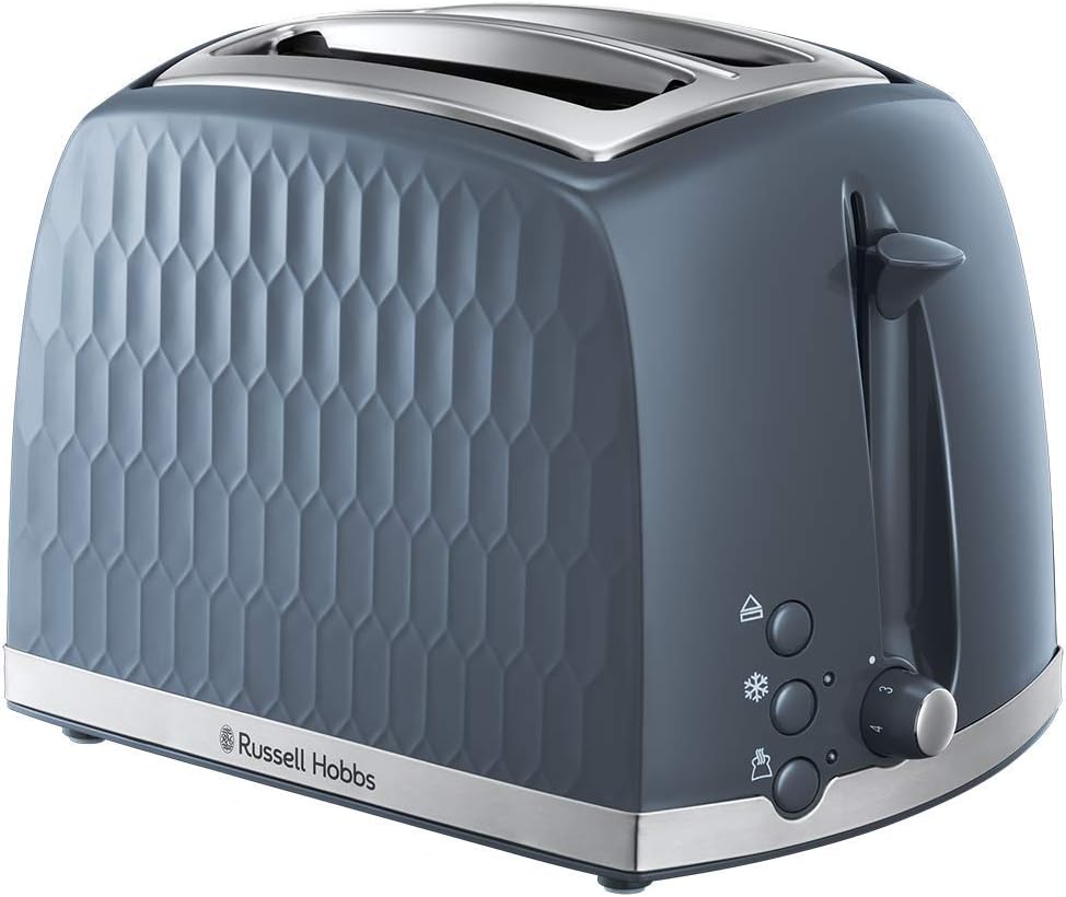 Russell Hobbs Honeycomb 2 Slice Toaster (Extra wide slots, High lift feature, 6 Browning levels, Frozen/Cancel/Reheat function, Removable crumb tray, 850W, Grey textured high gloss) 26063