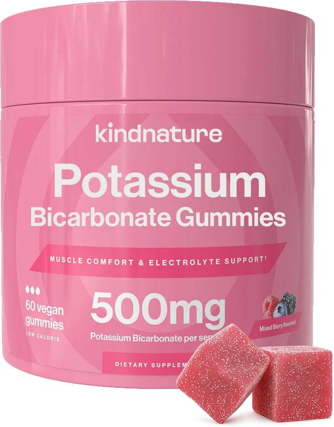 kindnature High Potassium Gummies 500mg for Leg Cramps & Electrolyte Support - Chewable Pure Potassium Bicarbonate Supplement - Adults & Kids - Vegan - 60 Gummies (30 Day Supply)