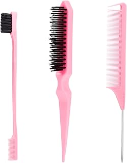 Hair Brush Set, 3 Pcs Slick Back Hair Bristle Brush, Rat Tail Comb, Edge Brush for Smoothing Baby Hair & Flyaways - Pink