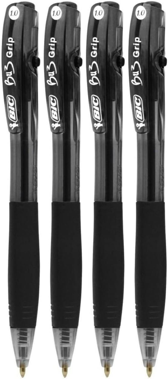 Bic Bu3 Grip 1.0 Black Retractable Ball Pen 4 Pack Stationery